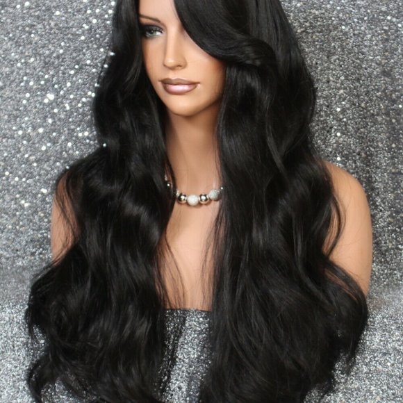 Human hair blend Wig Wvy Black Layered Heat OK - Picture 4 of 7